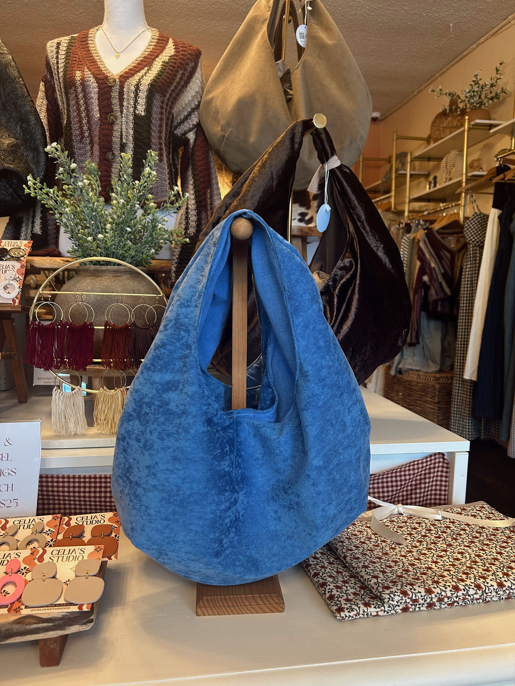 Blue faux suede hobo purse