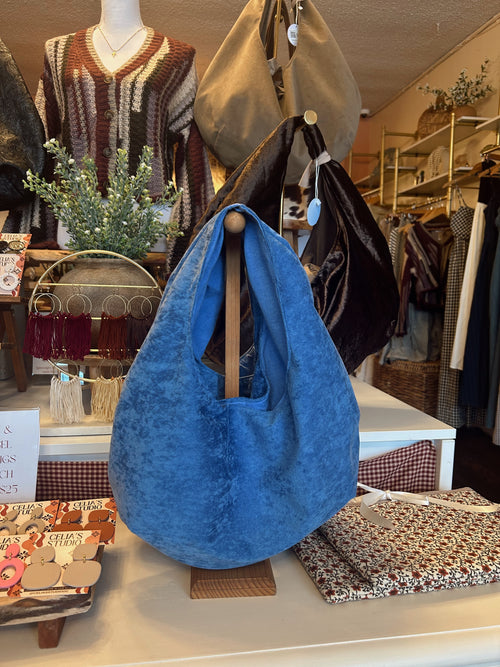 Blue faux suede hobo purse