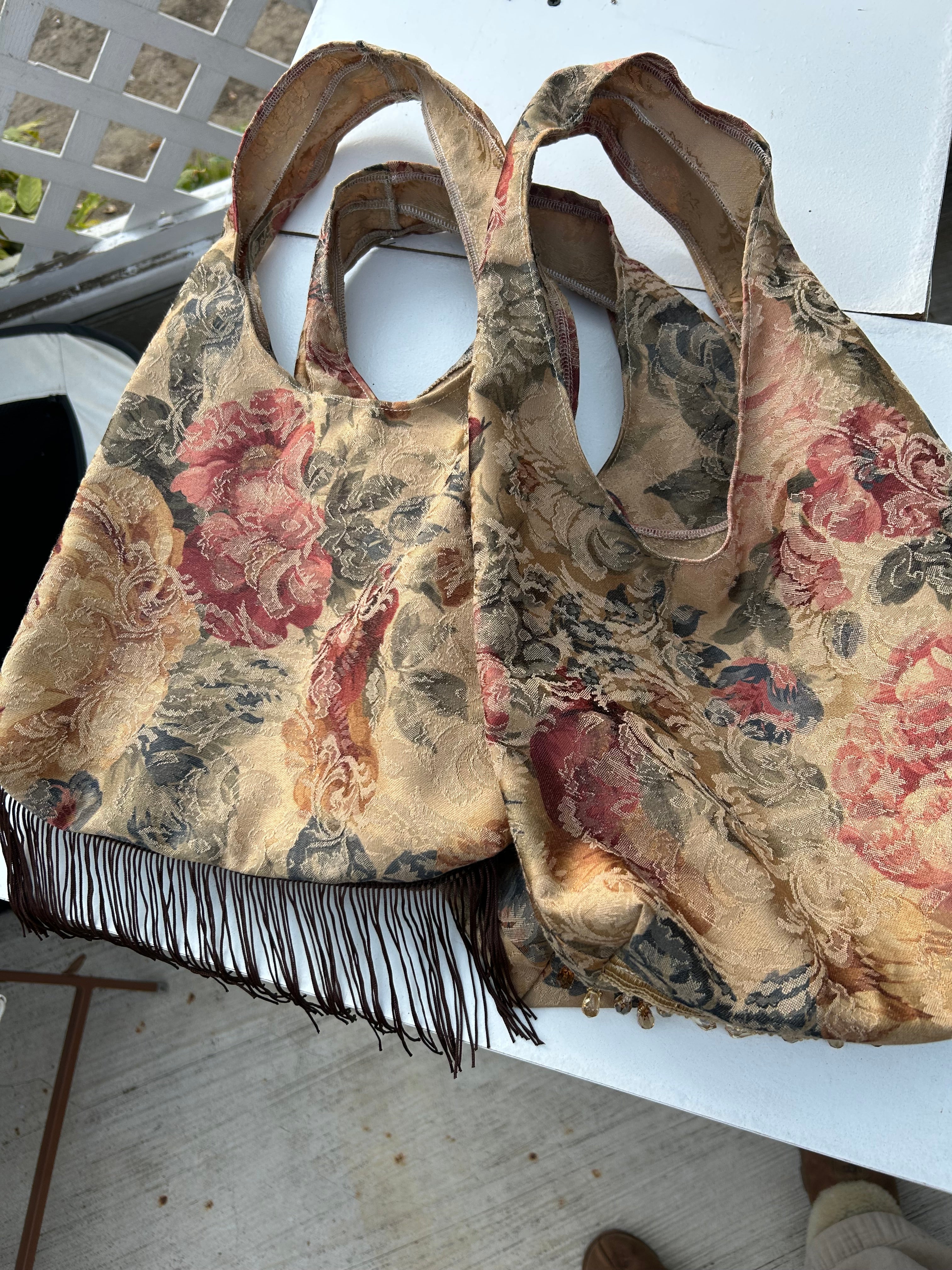 Brown floral tassel purse with crystal trim