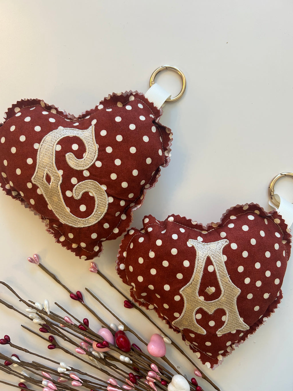 Heart Bag charm- Maroon beige polka dot
