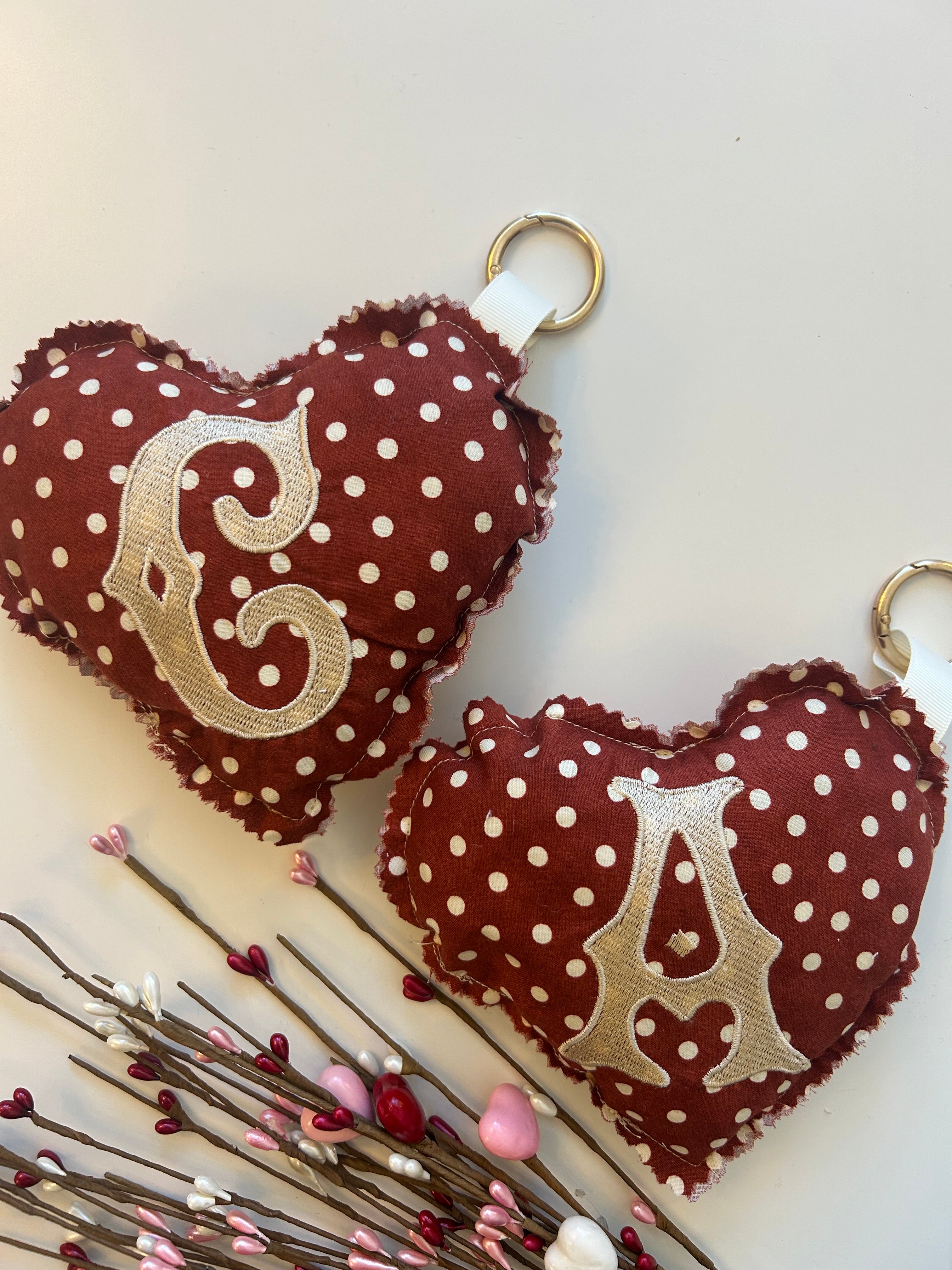 Heart Bag charm- Maroon beige polka dot