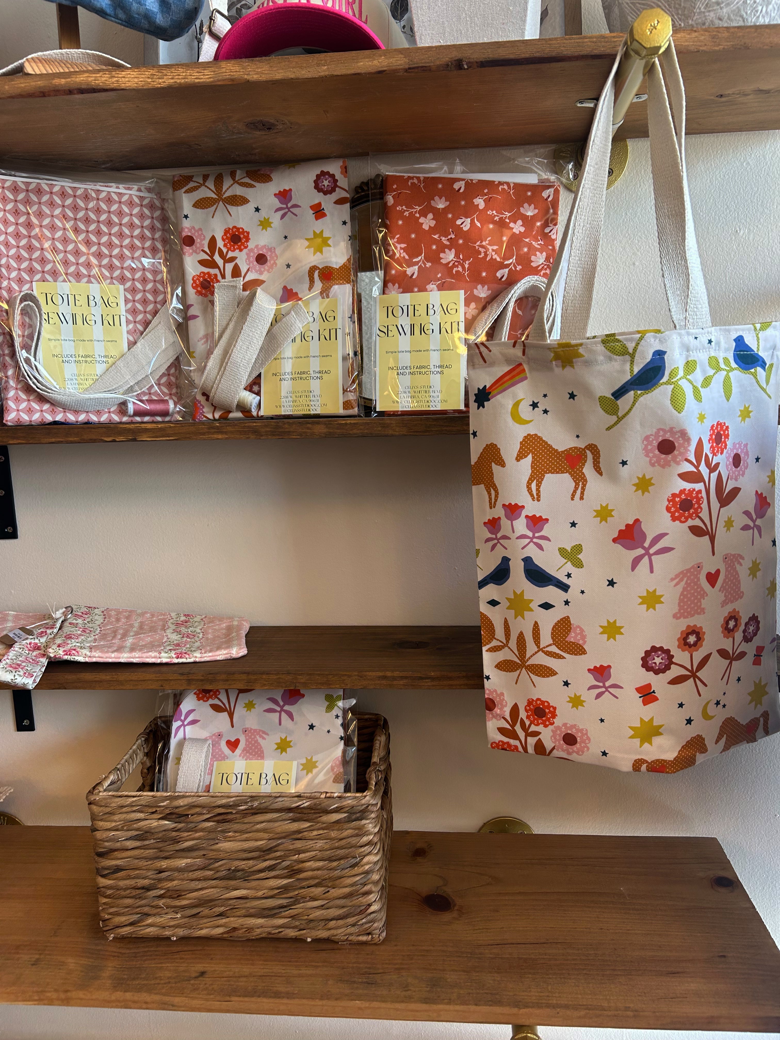 Tote bag sewing kit- Ruby star Horse & Bunny flowers.