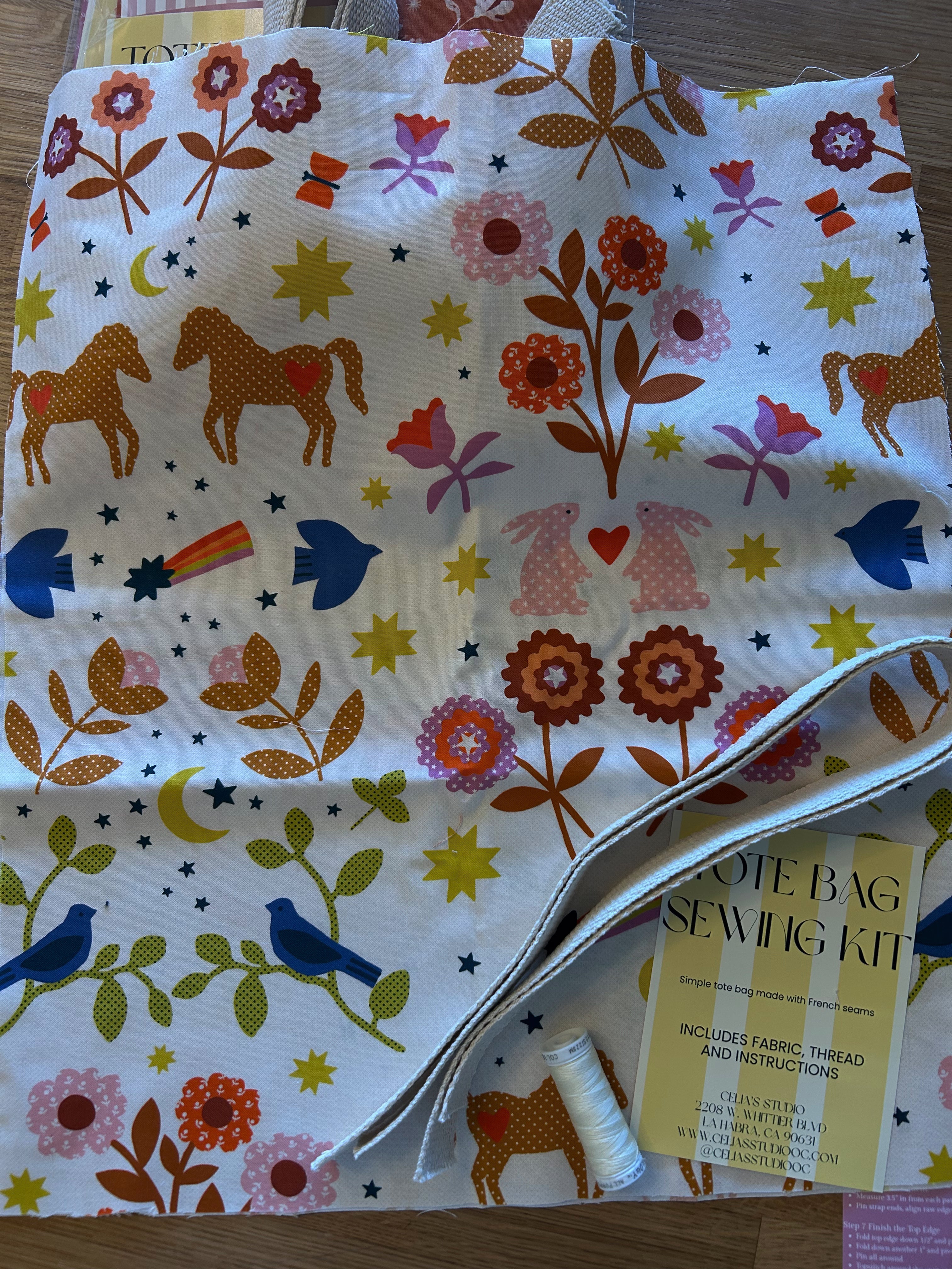 Tote bag sewing kit- Ruby star Horse & Bunny flowers.