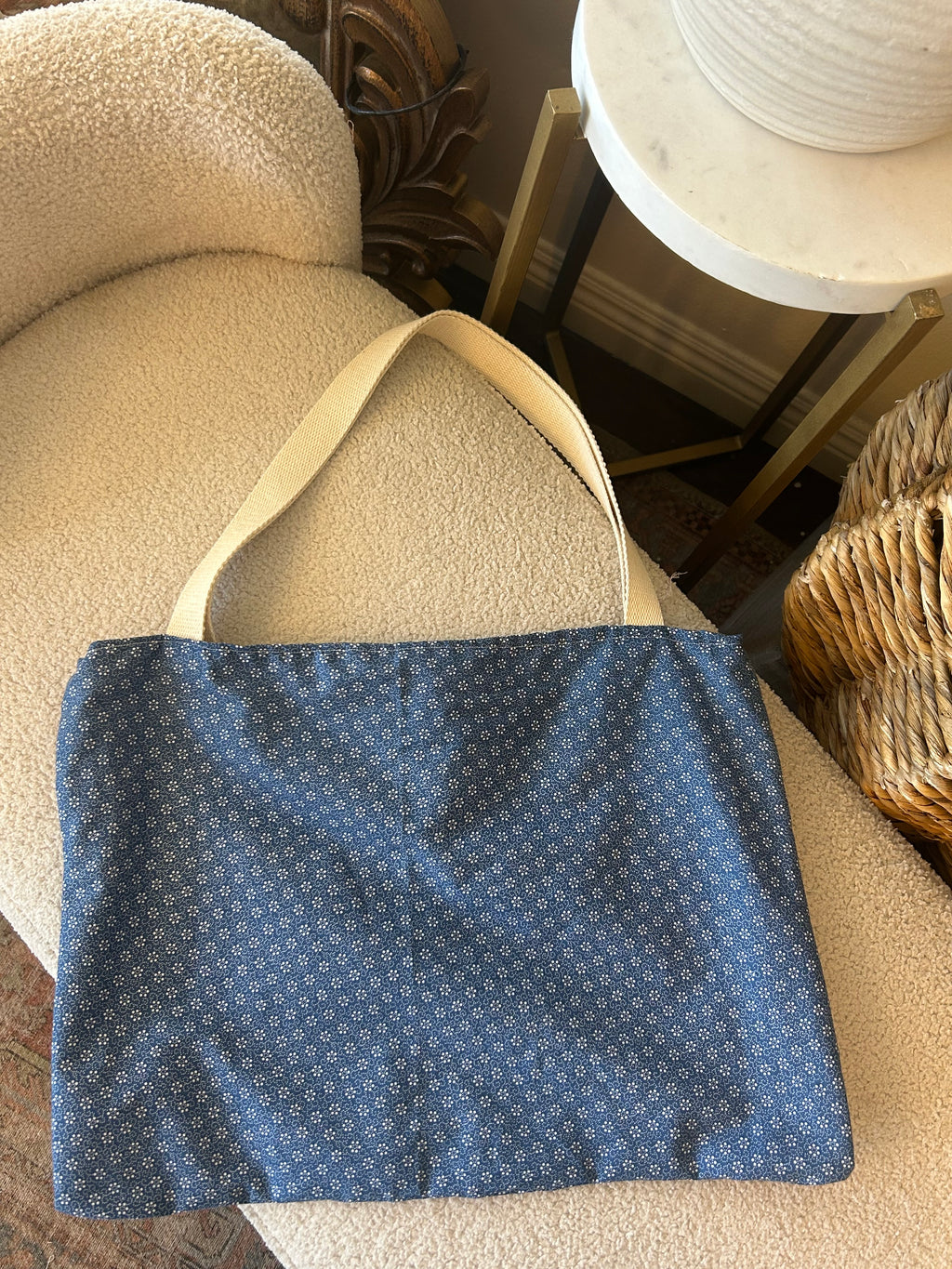 Blue floral/ gingham tote
