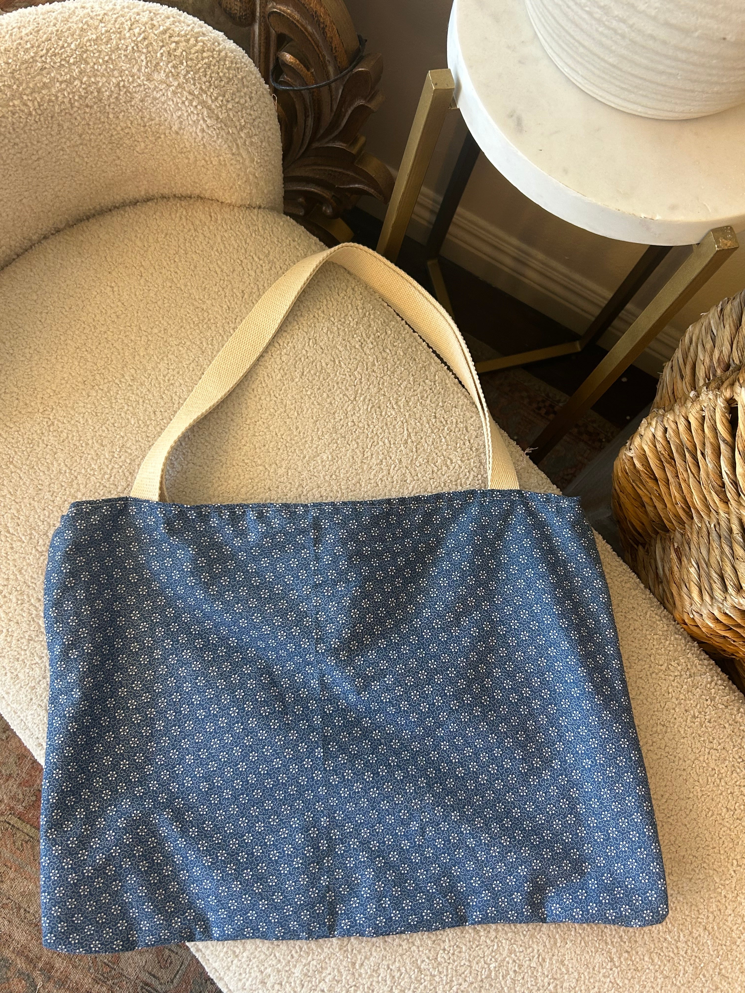Blue floral/ gingham tote
