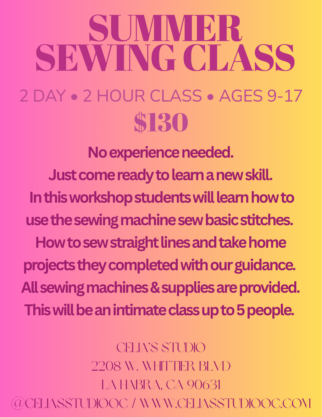 Summer 2 day Beginner sewing workshop Ages 9-17