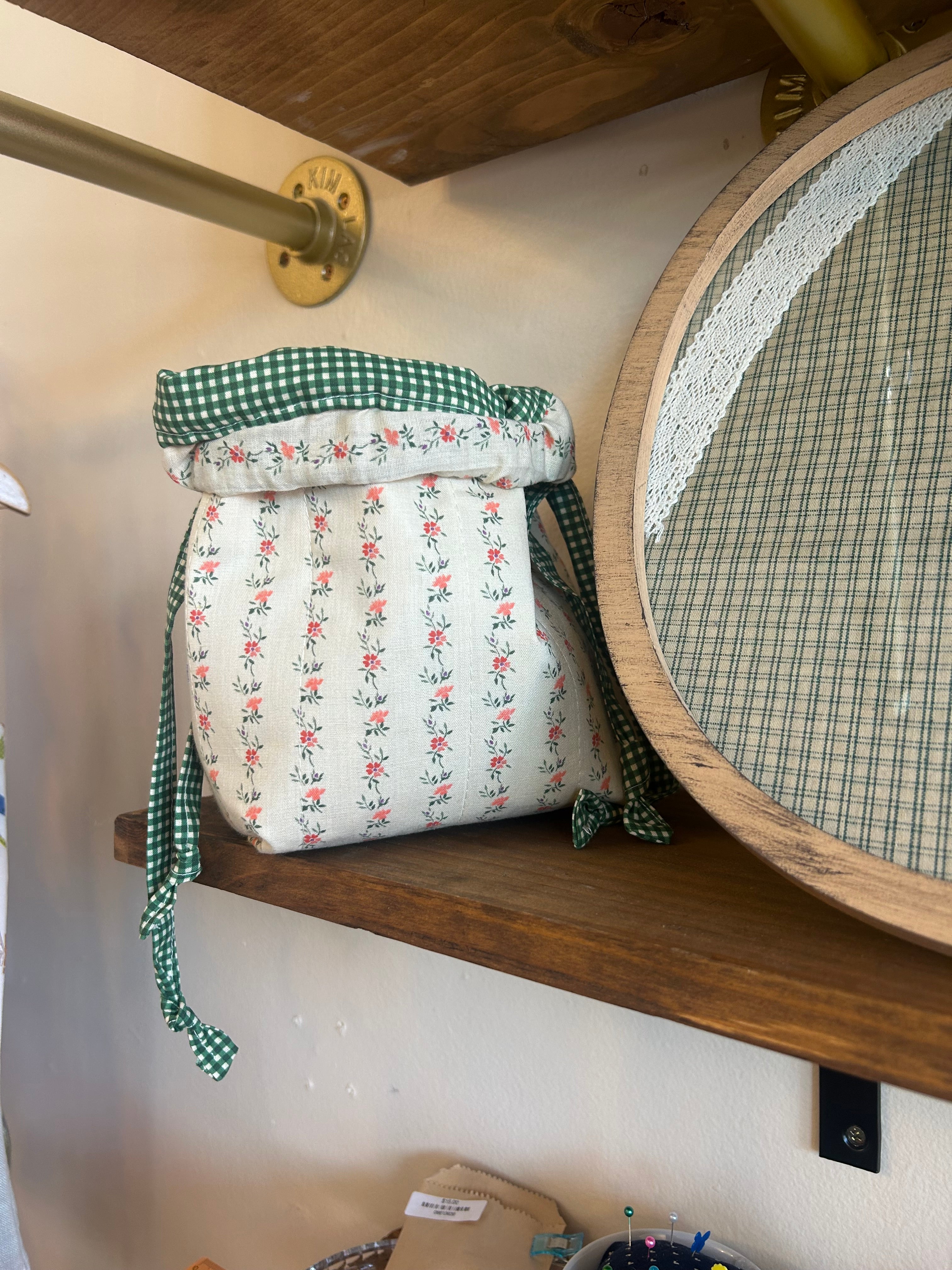 Green gingham drawstring bag