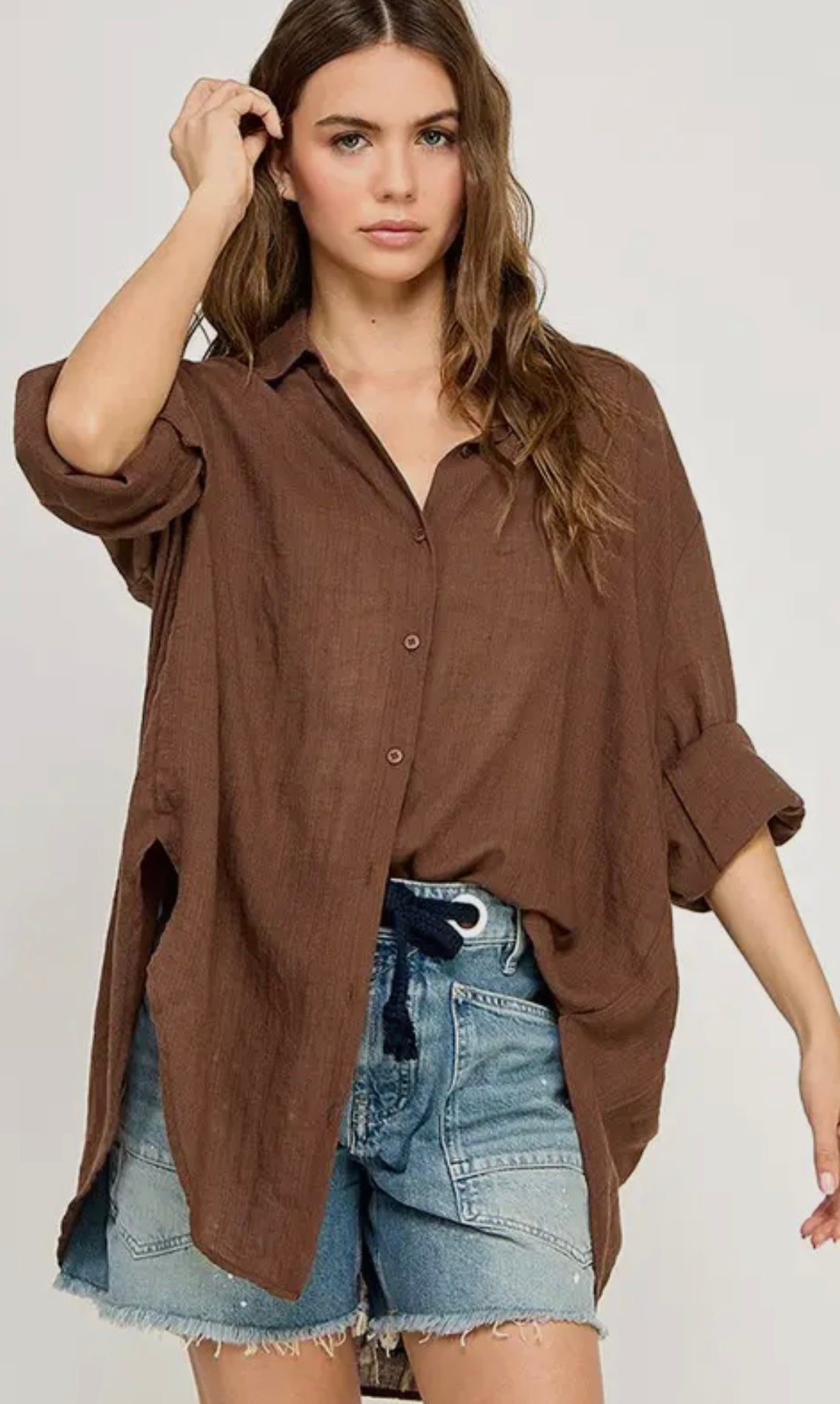 Button down relaxed top Brown