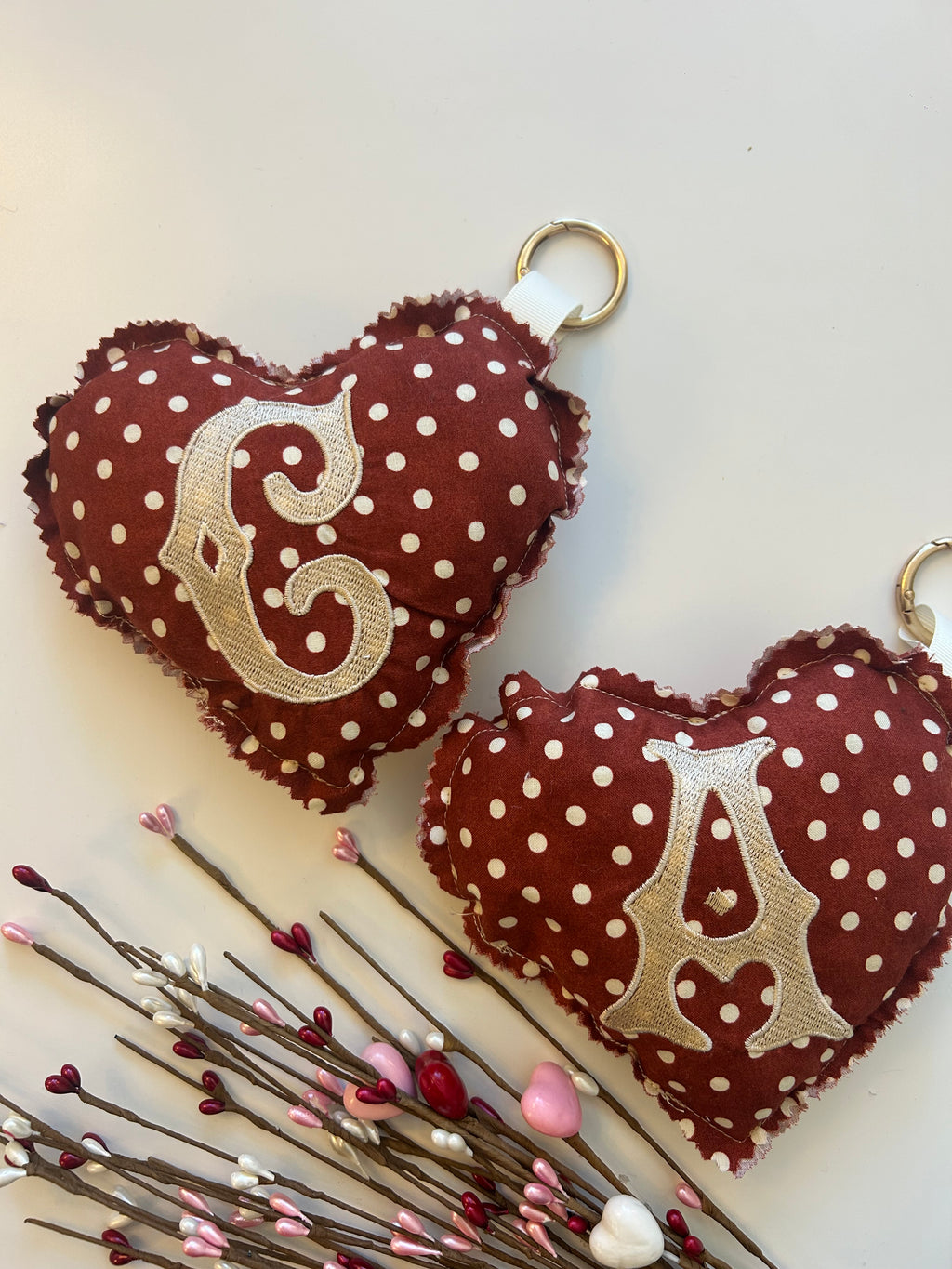 Heart Bag charm- Maroon beige polka dot