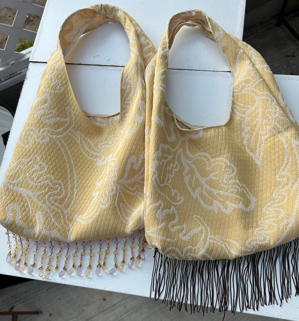 Yellow Tassel purse with purple crystal trim