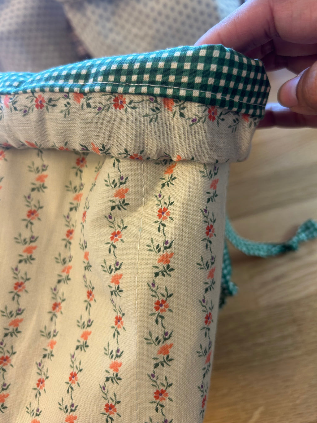 Green gingham drawstring bag