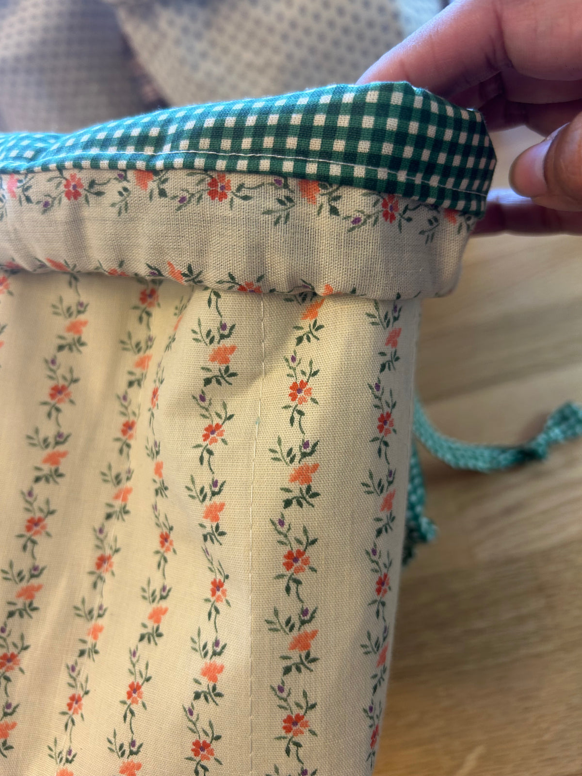 Green gingham drawstring bag