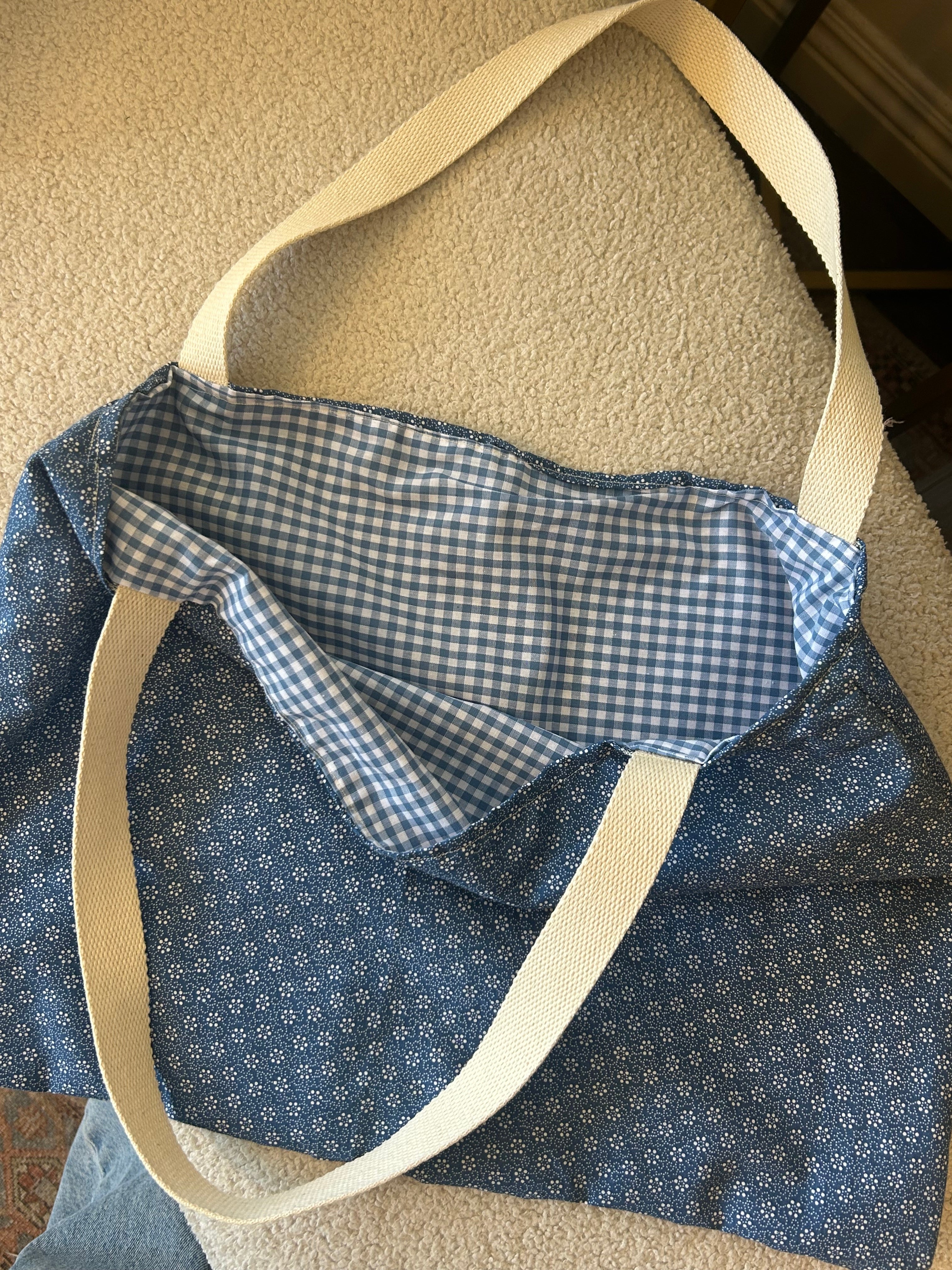 Blue floral/ gingham tote