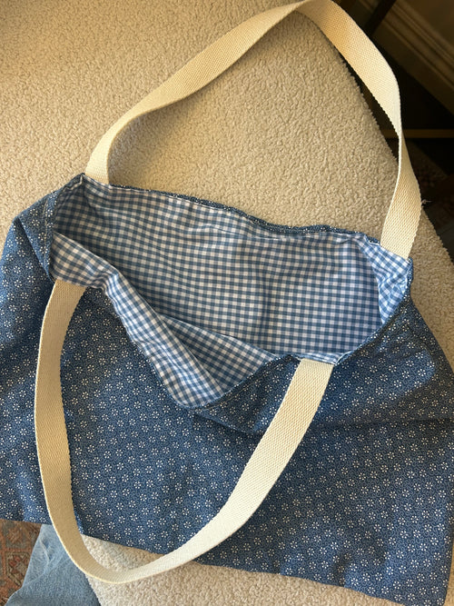 Blue floral/ gingham tote
