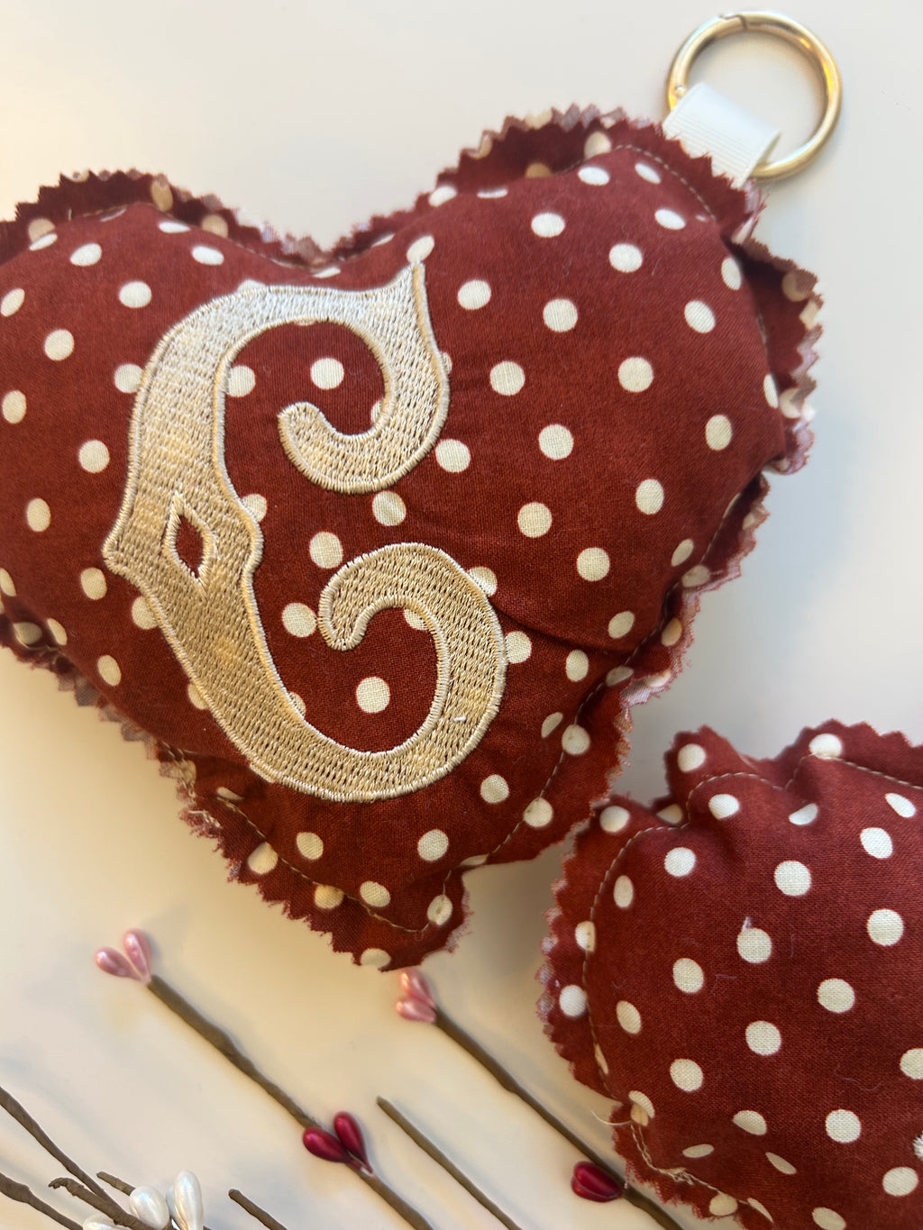 Heart Bag charm- Maroon beige polka dot