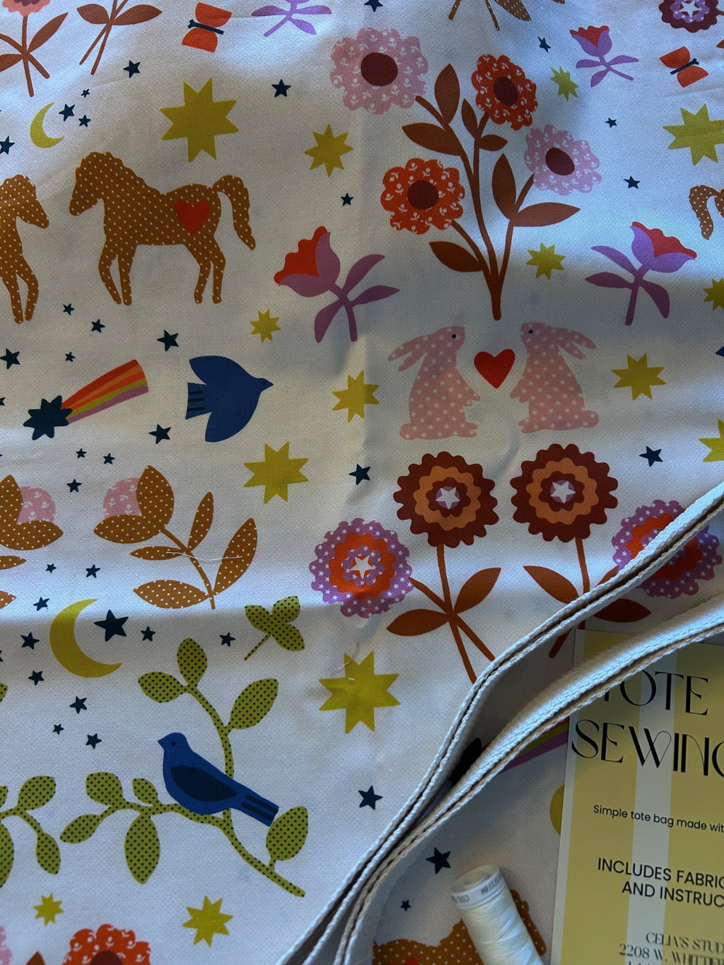 Tote bag sewing kit- Ruby star Horse & Bunny flowers.