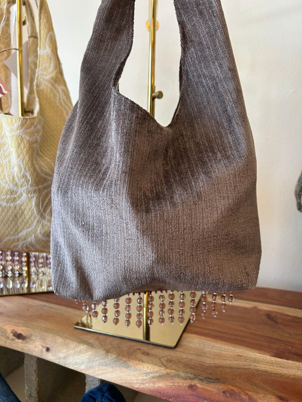 Brown faux suede purse with crystal trim