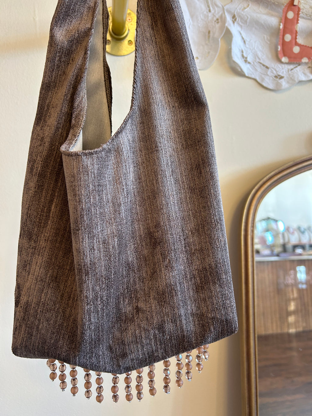 Brown faux suede purse with crystal trim
