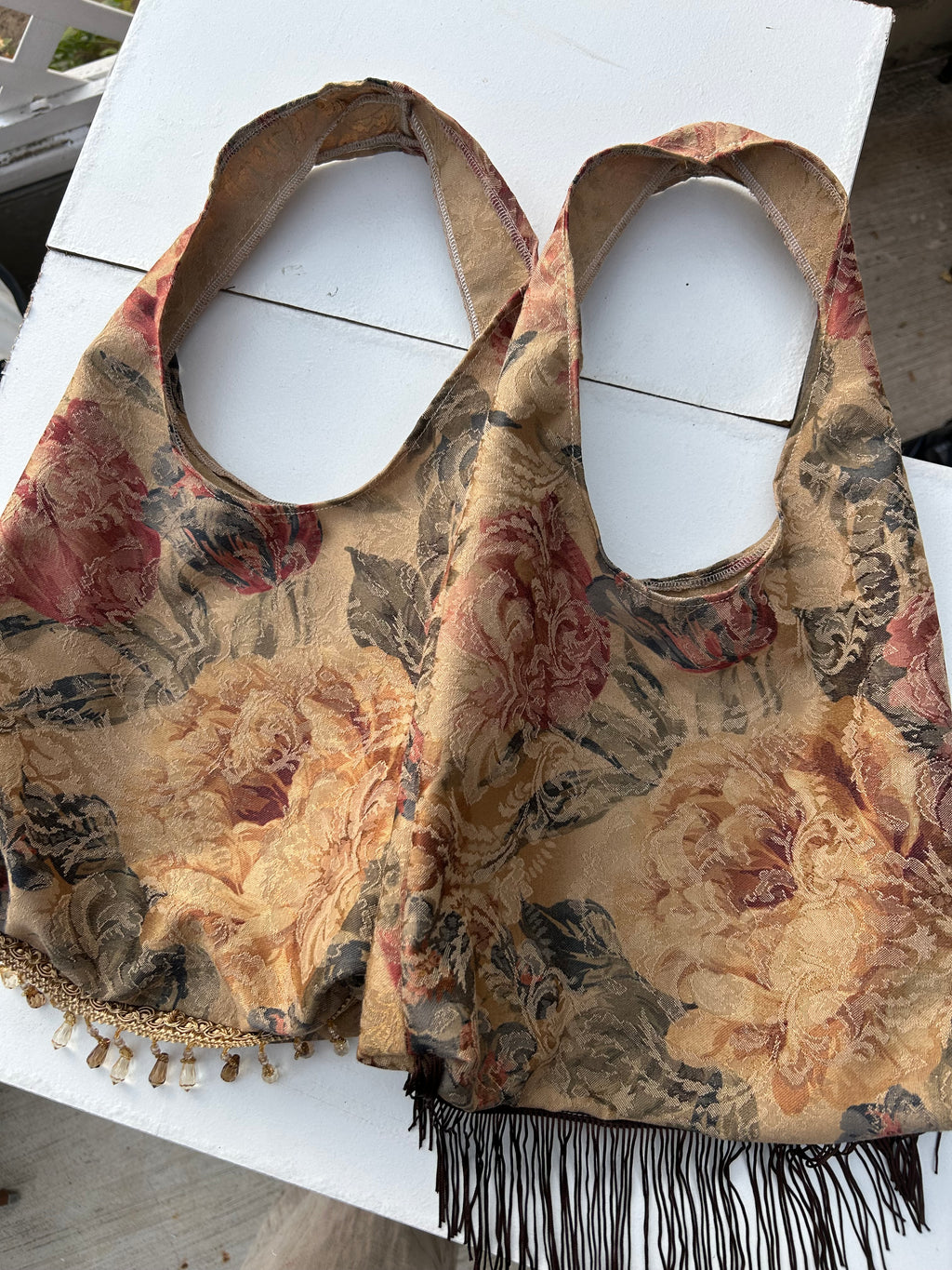 Brown floral tassel purse with crystal trim
