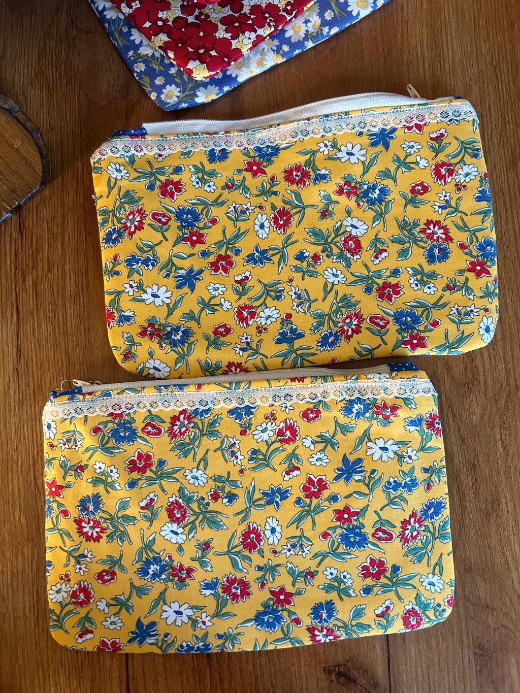 Yellow Floral & Blue polka dot zipper pouch