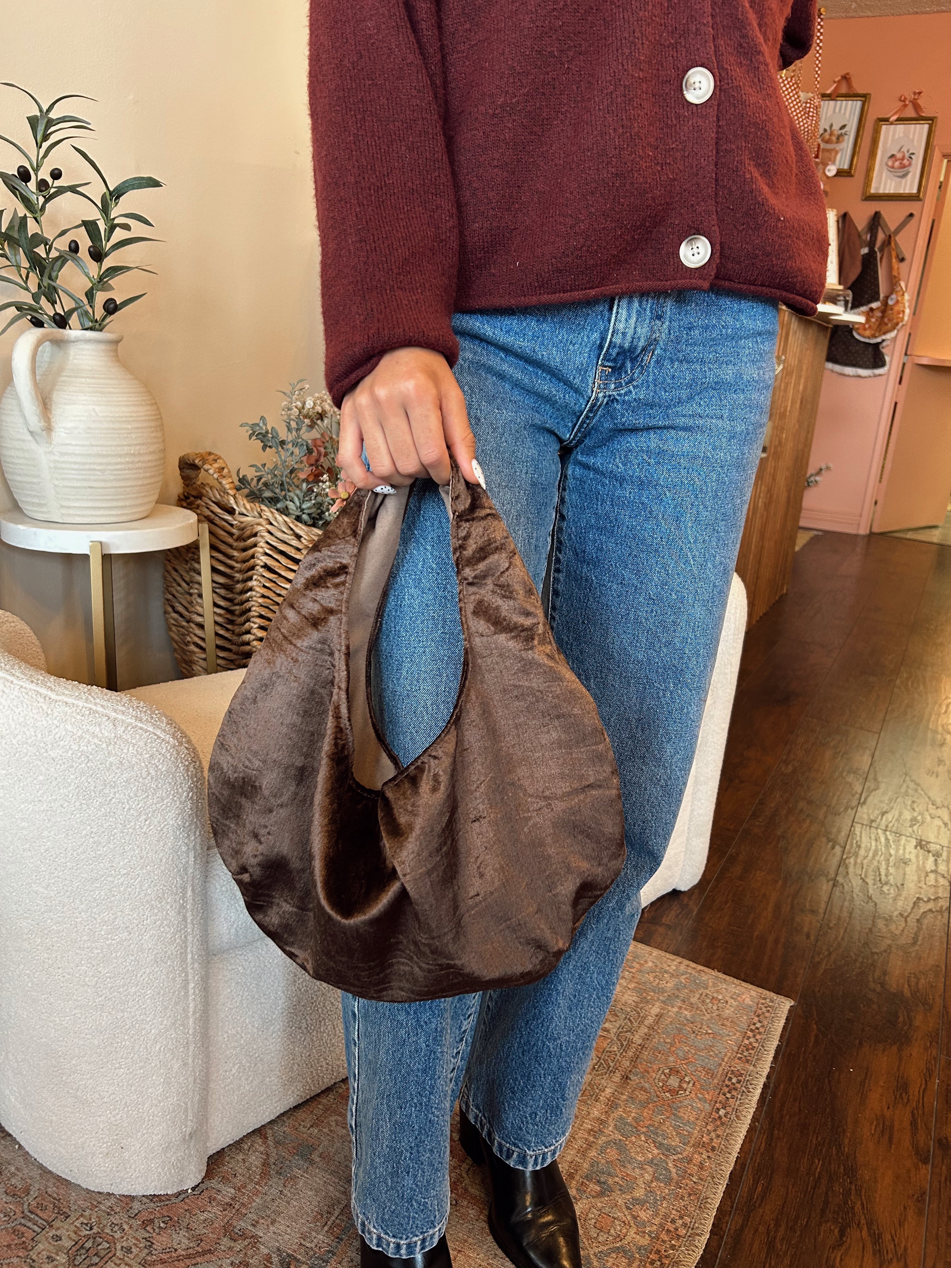Brown velvet hobo purse small