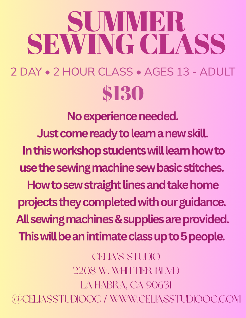 Summer 2 day Beginner sewing workshop Ages 13- Adult