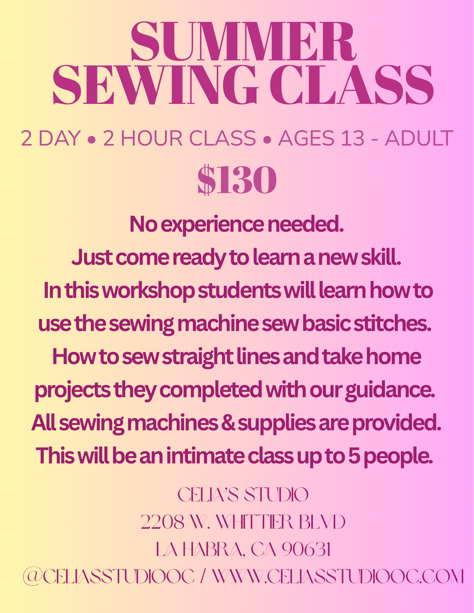 Summer 2 day Beginner sewing workshop Ages 13- Adult