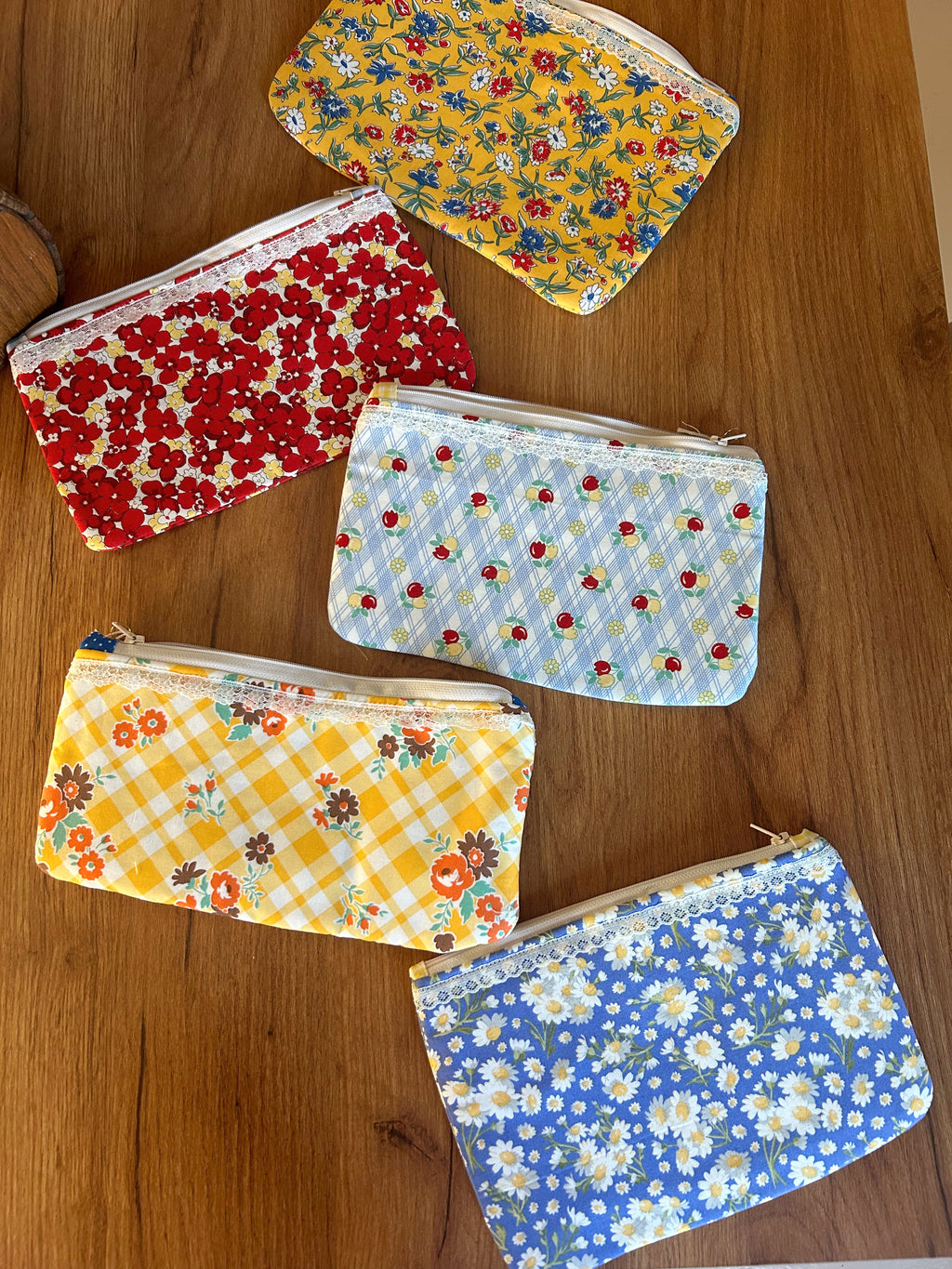 Yellow Floral & Blue polka dot zipper pouch