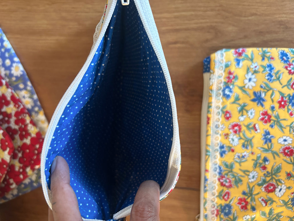 Yellow Floral & Blue polka dot zipper pouch